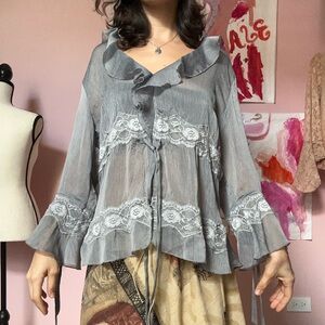 Jaipur Gray Ruffled Blouse with Lace Detail